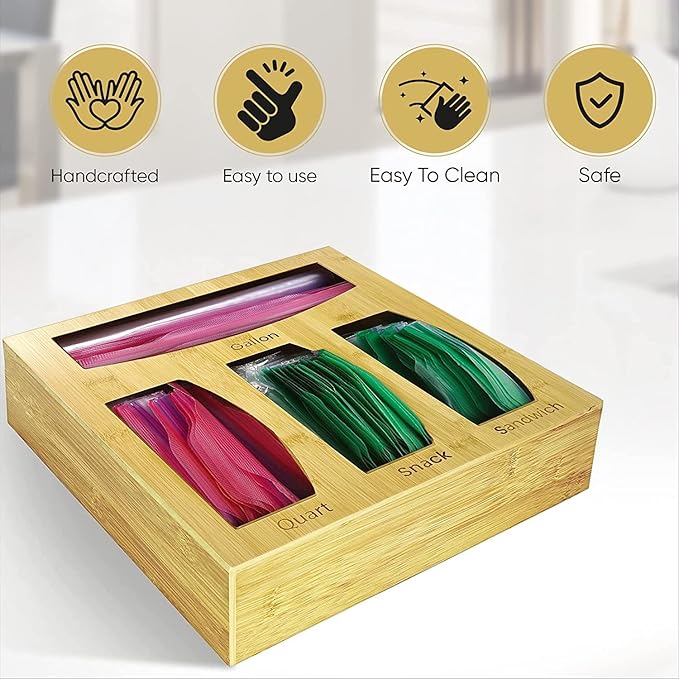 Food Bag Storage Organizer For Kitchen Drawer, Bamboo Baggie Holder,Solimo,Glad,Hefty For Gallon, Quart, Sandwich And Snack Variety Size Bags(1 Box 4 Slots) (1)