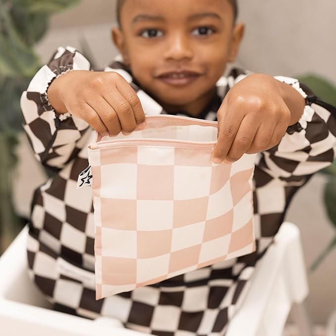 Tiny Twinkle 5 Pack Reusable Snack Bags - Machine Washable, PFAS, PVC, BPA, Phthalate-Free Reusable Baby and Toddler Food Safe Snack Bags (Checkers Pink Brown)