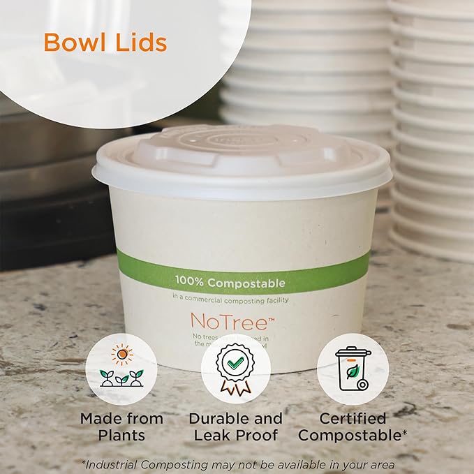 World Centric Compostable Paper Bowl Lids 12 oz - Made from Plants, Leak-Resistant, Clear PLA - 100 Pack
