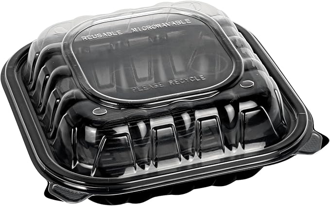 Restaurantware Thermo Tek 34 Ounce Clamshell Containers, 100 Disposable Take Out Boxes - Ventilated Lids, Microwavable, Black Plastic Meal Prep Containers, For Pastas, Salads, Or Sandwiches