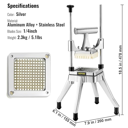VEVOR Commercial Vegetable Fruit Chopper 1/4" Blade Heavy Duty Professional Food Dicer Kattex French Fry Cutter Onion Slicer Stainless Steel for Tomato Peppers Potato Mushroom