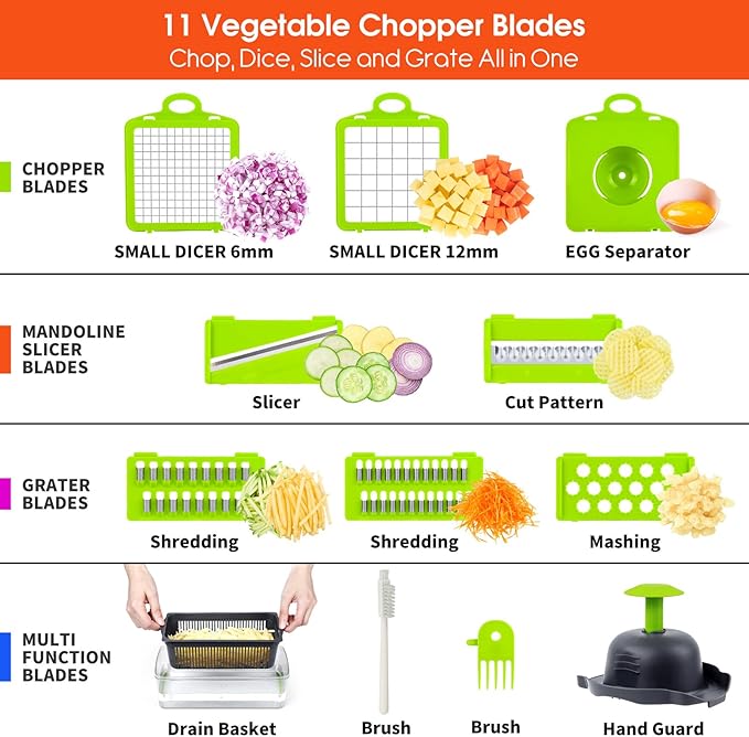 Vegetable Chopper Veggie Chopper,Mandoline Slicer,Multifunctional 12 in 1 Food Choppers, Kitchen Vegetable Slicer Dicer Cutter,Onion Mincer,Cheese Grater,Colander Basket,Kitchen Gadgets