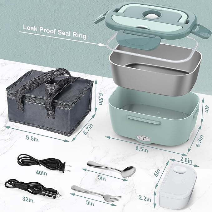 Electric Lunch Box Food Heater, 60W-80W Heated Lunch Box for Adults, 12V 24V 110V Portable Food Warmer LunchBox for Car Truck Work with Removable 304 Stainless Steel Container, Carry Bag