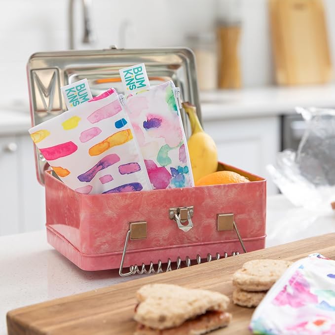Bumkins Reusable Sandwich and Snack Bags, for Kids School Lunch and for Adults Portion, Washable Fabric, Waterproof Cloth Zip Bag, Travel Pouch, Food-Safe, Large 4-pack Watercolors and Brushstrokes