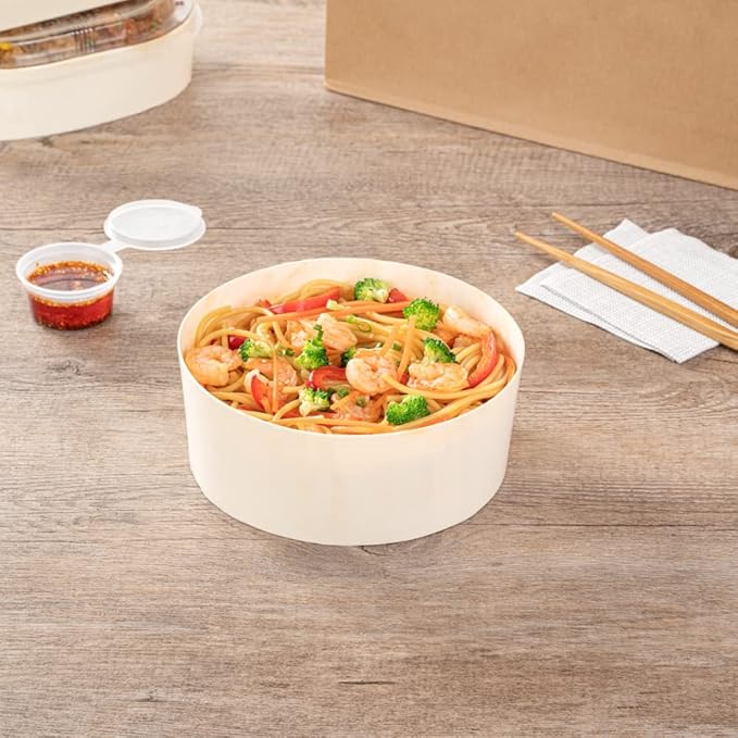 Restaurantware Taipei 34 Ounce Food Containers 100 Round Wooden Bento Boxes - Lids Sold Separately Grease Impermeable Poplar To Go Boxes Disposable Serve Noodles Dumplings And More