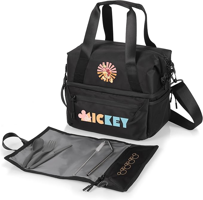 PICNIC TIME Disney Mickey Mouse Tarana Insulated Lunch Bag Made from Recycled Material, Lunch Box with Picnic Set, Upcycled Lunch Cooler Bag, (Carbon Black)