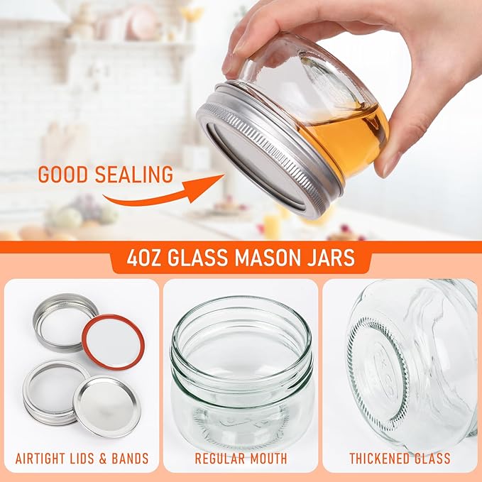 Alotpower 4oz Mason Jars 24pack, Glass Small Mason Jars with Lids for Jams, Candies,Spice,Honey,Snacks,Canning Jars 4oz for DIY Projects,Wedding/Party/Shower Favors(4fl.oz/Set of 24)