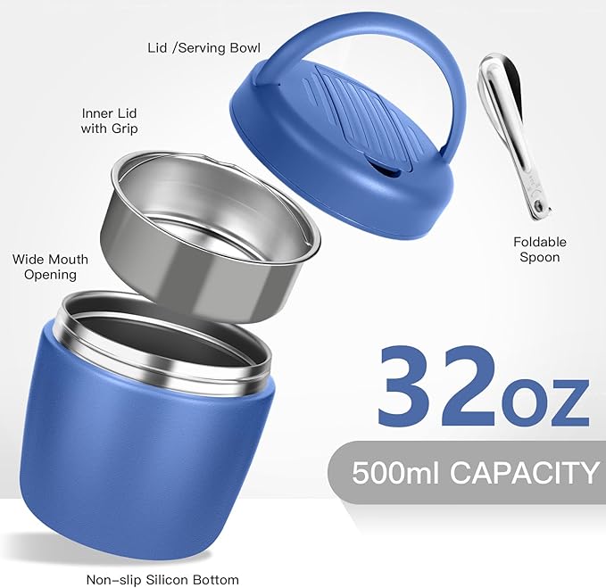 Thermo for Hot Food 32oz, Vacuum Insulated Food Jar for Adults, Stainless Steel Soup Thermo Wide Mouth Leakproof Lunch Containers with Spoon for School Office, Blue