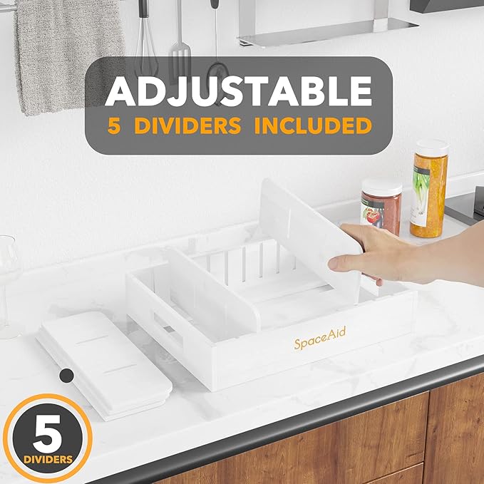 SpaceAid Bamboo Lid Organizer, Kitchen Pantry Lids Holder with 5 Adjustable Dividers for Cabinets, Food Storage Container Organizers, White