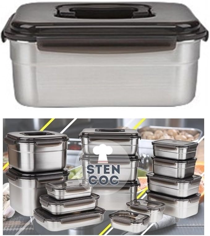 STENCOC Stainless Steel BPA Free Rectangular Leakproof Airtight Kimchi/Pickle/Food Storage Container Saver (3L / 101oz / 9.8") One Handle Half-Transparent Lid Stackable