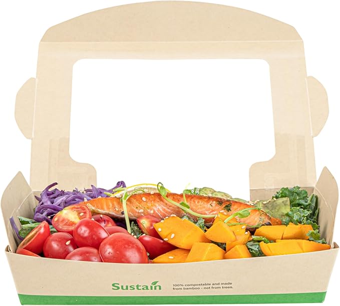 Restaurantware-Sustain 35 Ounce Sturdy Paper Take Out Boxes, 50 Disposable Take Out Food Containers - With PLA lining, Two Clear PLA Windows, Bamboo Paper Containers, Compostable, Tab-Lock Design