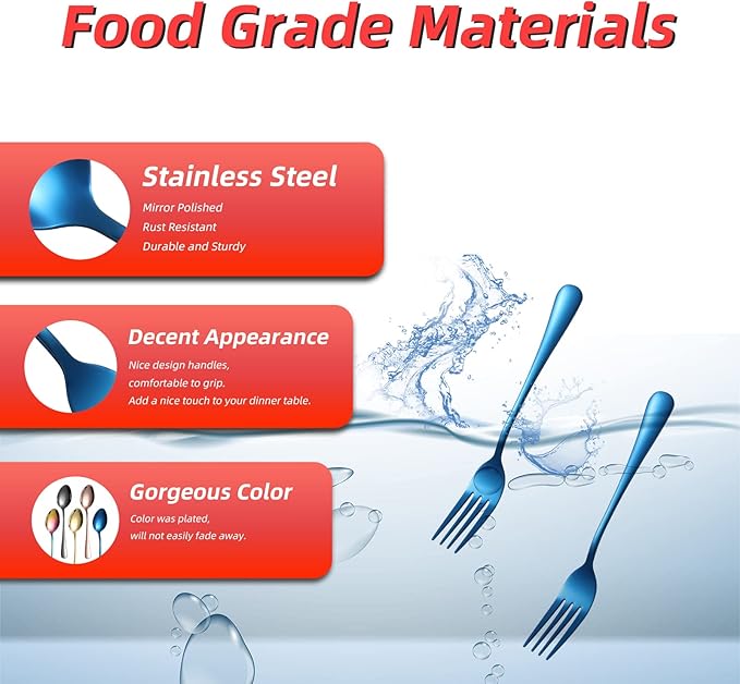 Blue Dinner Forks, 16 Piece Stainless Steel Silverware Forks, Sturdy Tableware Fork Set, Home Kitchen Metal Fork, Restaurant Quality Cutlery Forks, Handwash Recommaded - 8 Inch
