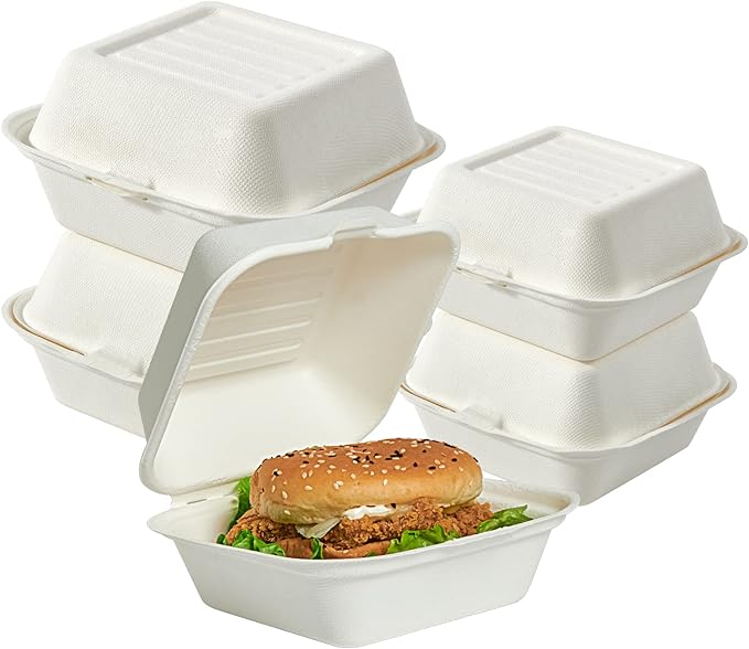ECOLipak 200 Pack Clamshell Take Out Food Containers, 100% Compostable Disposable To Go Containers,6 * 6 inch To Go Boxes for Salad, Cake,Sandwiches