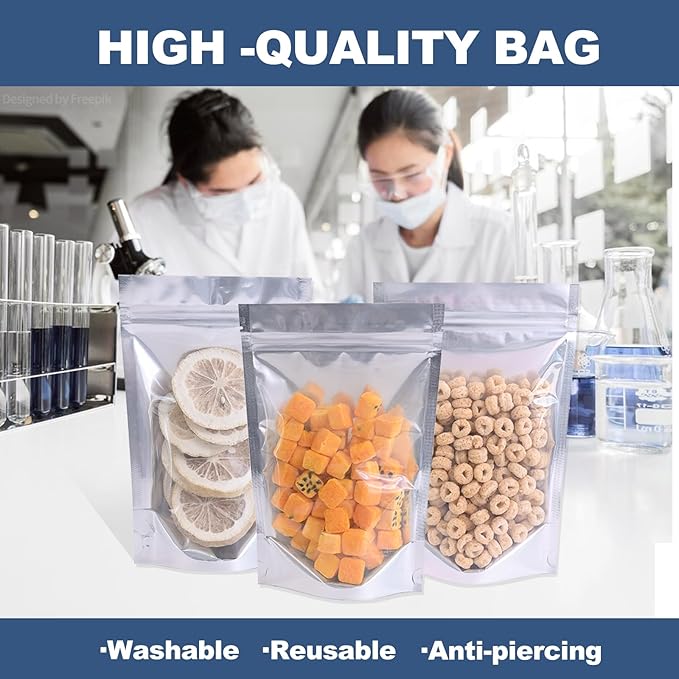 100PCS 6"X9" Clear Front & Aluminum Foil Back Mylar Bags for Food Storage,Smell Proof Stand Up Ziplock Pouch,Resealable Bags for Small Business Packaging Candy Coffee Bean Nuts Cookie