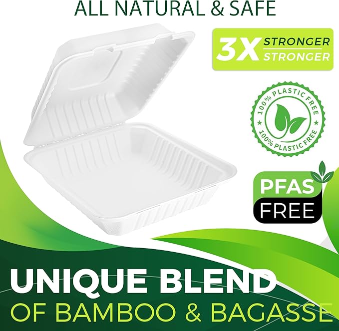 75 Pack 8”x8” Take Out Containers with Lids, EXTRA Sturdy To Go Food Containers, 100% Compostable Clamshell Take Out Containers, To Go Boxes for Food