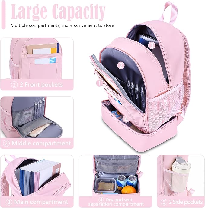 NOL Natural Organic Lifestyle Kids 2-in-1 Backpack & Insulated Lunch Bag - 16" Multi-Functional Large Compartments Backpack for School & Travel, Double Deck, Water Resistant, Leak-proof, Padded (Pink)