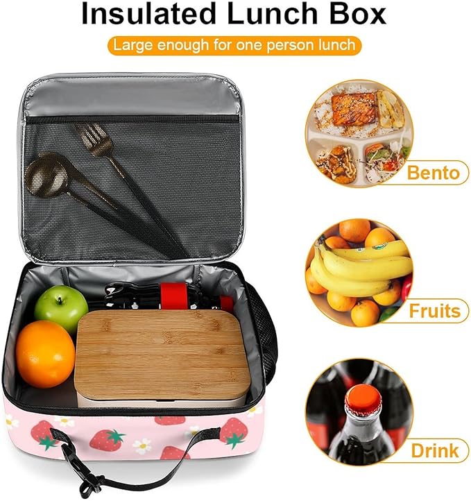Strawberry Flowers Reusable Lunch Box Insulated Lunch Bag Cooler Bag Lunchbox Meal Food Container Tote Bag for Women Kids Girls School Camping Hiking Picnic Beach Travel