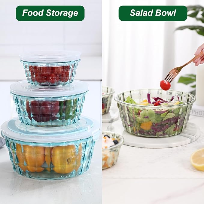 Taiuloo Set of 3 Salad Bowls with Lids, Food Storage Bowls with Lids & Handles, Kitchen Meal Prep Nesting Bowls for Lunch, BPA Free Food Storage Containers, Plastic Salad Serving Bowl Set, Blue