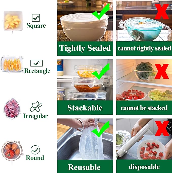 Adpartner Silicone Stretch Lids, 12 Pack of Reusable Silicone Lids for Food Storage BPA-free Silicone Covers for Bowls, 6 Different Sizes to Fit Most Food Containers, Microwave & Dishwasher Use Safe