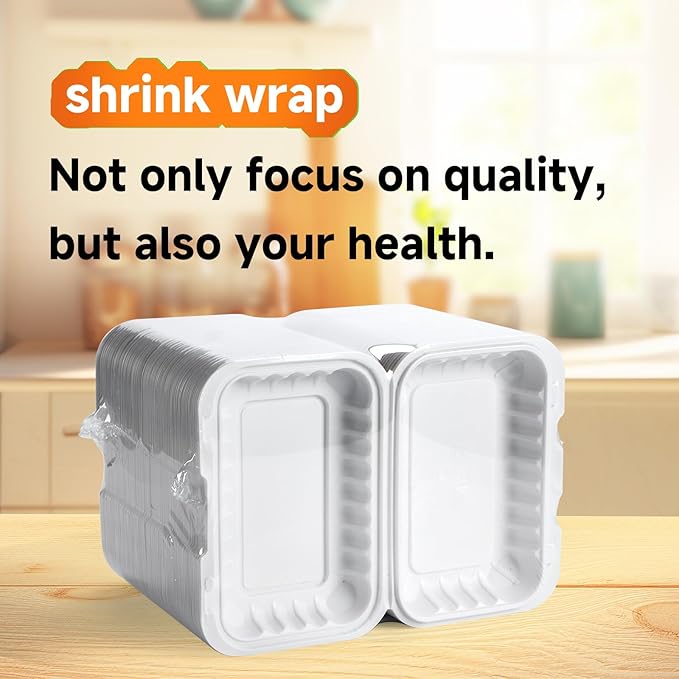 YANGRUI Clamshell Food Containers, Reusable Shrink Wrap 50 Pack 9 x 6 Inch 28 OZ Plastic Hinged To Go Container Microwave Freezer Safe BPA Free MFPP Take Out Boxes