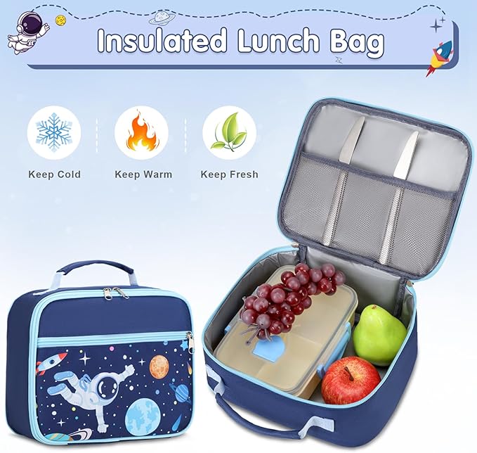 Boys Backpack - Astronaut Bento Box with Insulated Lunch Bag Pencil Case & Utensils Set for Kids, 6 Leakproof Compartments Removable Tray Lunches or Snack Container