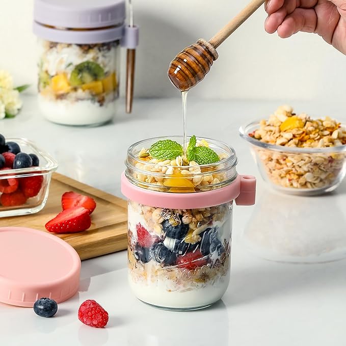 LANDNEOO 6 Pack Overnight Oats Containers with Lids and Spoons, 16 oz Glass Mason Overnight Oats Jars, Large Capacity Airtight Jars for Milk, Cereal, Fruit