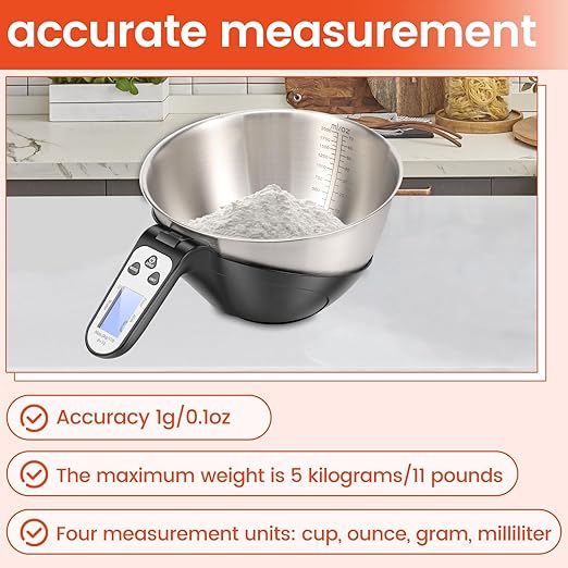 Digital Kitchen Food Scale with Bowl, Stainless Steel Food Scale with Cup Easy to Carry Large Capacity Digital Kitchens Food Scales for Home Cooking (Black)