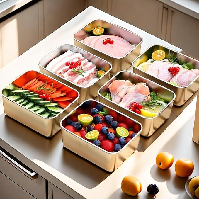 6Pcs Stainless Steel Food Storage Containers with Lids, Outdoor lunch box Stainless Steel Bowl with Airtight Lids for Picnic Travel, Reusable & Stackable