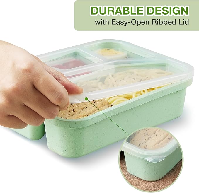 4 Pack Bento Lunch Box, 4 Compartment Wheat Straw Meal Prep Containers for Kids/Toddle/Adults, BPA Free Reusable Food Snack Storage Containers, Durable Bento Box for School, Work and Travel