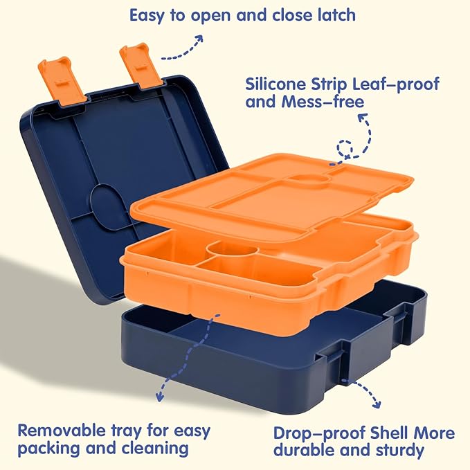 Boys Backpack - Dinosaur Bento Box with Insulated Lunch Bag Pencil Case & Utensils Set for Kids, 6 Leakproof Compartments Removable Tray Lunches or Snack Container