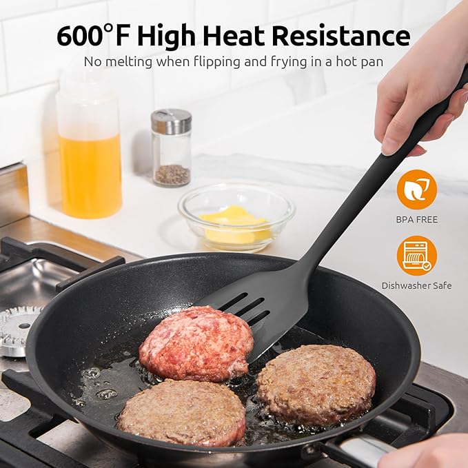 18/8 Stainless Steel Measuring Spoons Set for Dry and Liquid Ingredients (Set of 8), and 600℉ Heat Proof Long & Wide Silicone Solid & Slotted Turner Set of 2 for Egg, Pancake (Black)