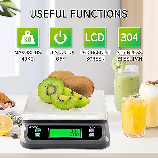 Large Food Scales for Kitchen 88lbs/40kg Digital Food Scale with Tare and PCS Funtion Stainless Stee Tray Baking Scale for Cooking with Adapter, 6 Unit (Grey, 40kg)