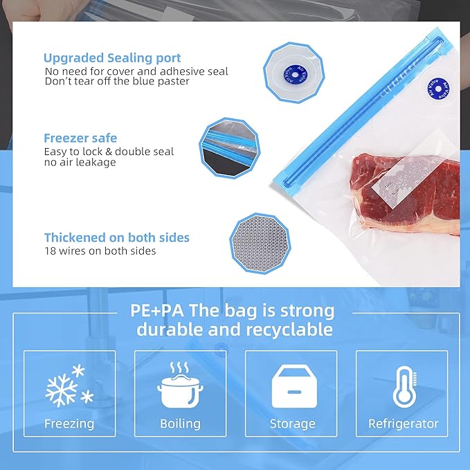 Sous Vide Bags Reusable, 20 PCS Vacuum Sealer Bags for Food with 6 Sealing Clips, Food Vacuum Sealer Bags for Food Storage & Sous Vide Cooking, BPA Free(11.8 * 13.4 inch)