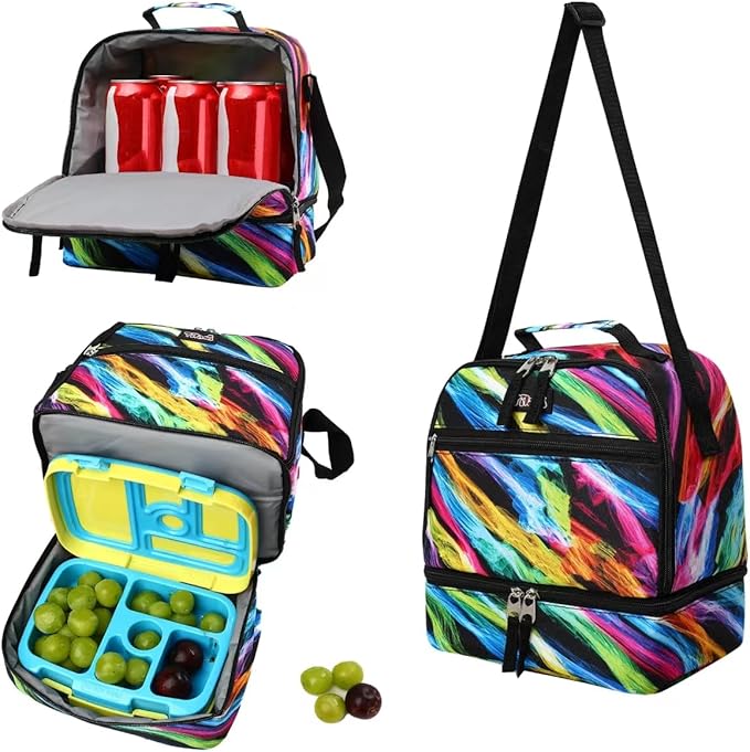 Tilami Lunch Bags Insulated Adjustable Strap Zipper, Two Compartments Cooler Bags, Bento Bags for Kids Toddlers, Colours Black