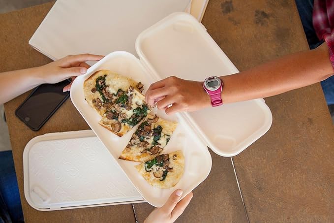 ECO PRODUCTS Compostable Vanguard 13"x7" Pizza Clamshell To Go Containers, Case of 200, Flatbread Take Out Food Box, White Renewable Molded Fiber, No-Added PFAS, ASTM Compliant, BPI-Certified