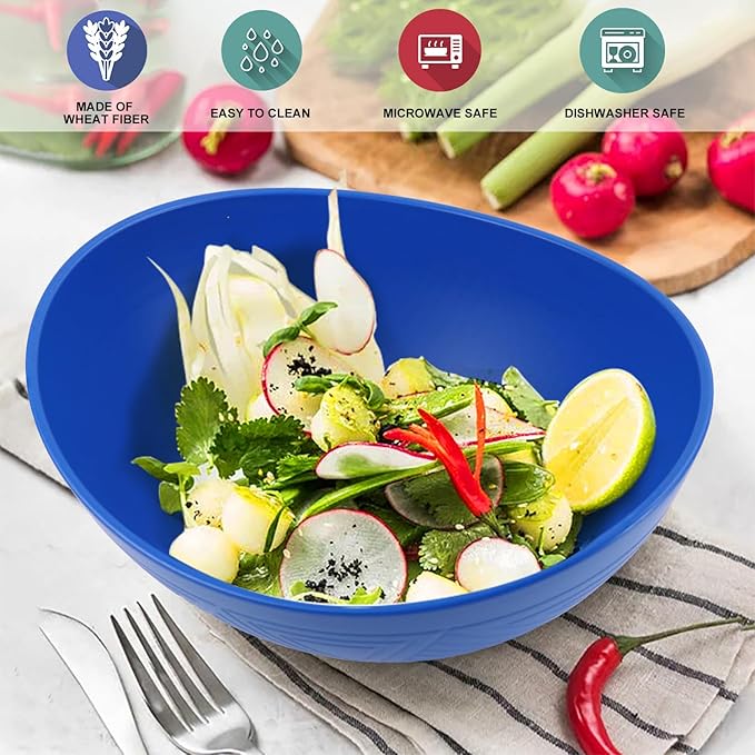 Large Wheat Straw Bowls,Big Salad Bowls set of 2,Unbreakable Serving Bowls Microwave & Dishwasher Safe, Alternative for Plastic Bowl Sets for Kitchen.Blue