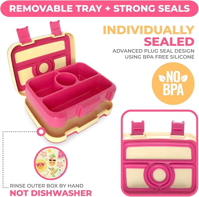 kinsho Bento Lunch Box for Kids Toddlers Girls, 4 Portion Sections Secure Lid, Microwave Safe BPA Free Removable Tray, Pre-School Kid Daycare Lunches Snack Container Ages 3 to 5, Cute Summer