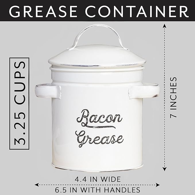 AuldHome Design Grease Container, White Enamelware Bacon Grease Can w/Strainer, Farmhouse Style, Keto-Friendly