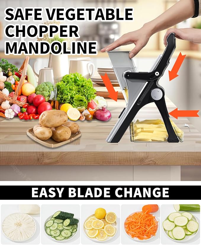 Upgrade Mandoline Slicer Safe Vegetable Chopper-Julienne Dicer for Kitchen, Potato Slicer, Adjustable Vegetable Cutter with Container, Multifunctional 6 in 1 Food Chopper (Black)
