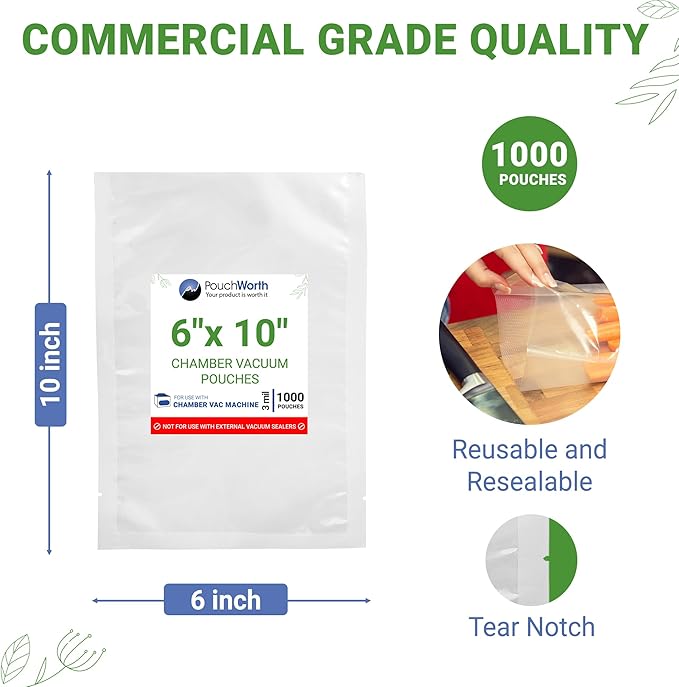 1,000 pcs Clear 6" x 10" Pint, 3 mil Chamber Machine Pouches, Pre-Cut Chamber Vacuum Sealer Bags, Heavy Duty Seal Pouch, BPA-Free Chamber Sealer Bags with Tear Notch