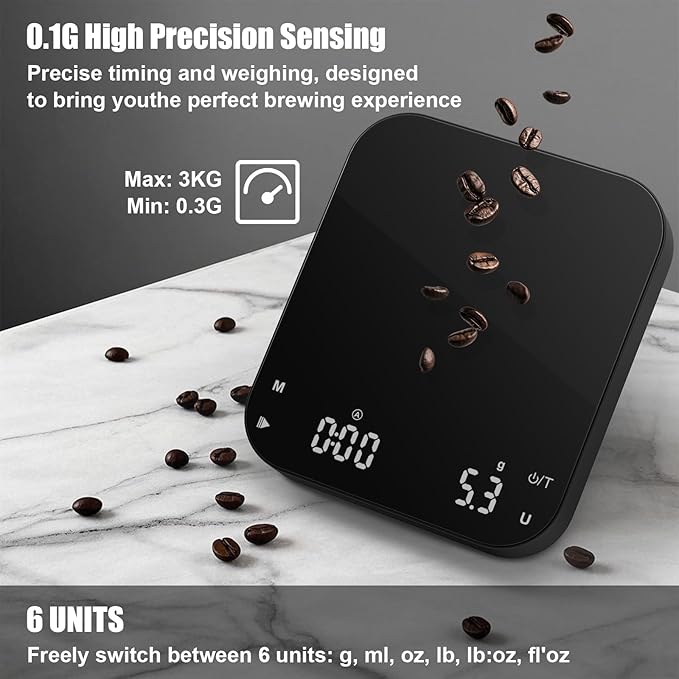 Rechargeable Coffee Scale with Timer, Diyife 3kg/0.1g High Precision Scale, 6 Units, HD LED Display, Long Battery Life, Portable Kitchen Scale for Espresso, French Press, Pour-Over Coffee