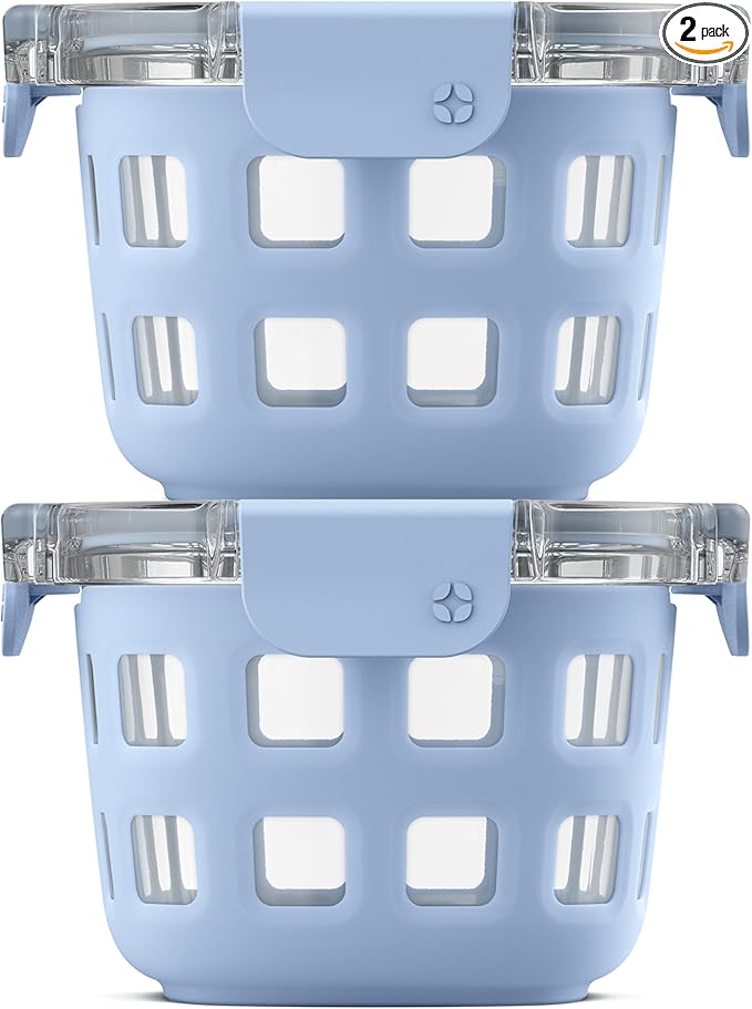 Ello Duraglass 2-Pack 2 Cup Reusable Glass Container Jar with Leak Proof Lids and Protective Silicone Sleeves | Perfect for Overnight Oats, Snacks, Yogurt | BPA-Free | Dishwasher Safe | Halogen Blue