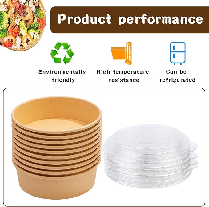 17 oz 50 Pack Large Kraft Paper Bowls with Lids, Paper Salad Bowls, Disposable Soup Salad Bowls, Paper Food Container for Salad Hot Cold Food