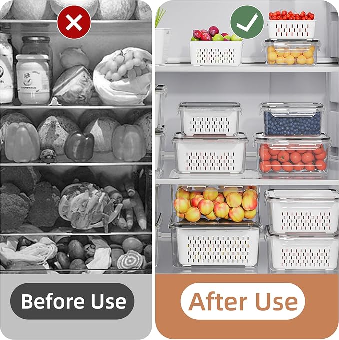 10 Pack Fruit Storage Containers for Fridge with Removable Colanders - Food Storage Containers with Lids, BPA-Free Produce Containers Keep Fruits, Vegetables, Berry, Meat Fresh Longer