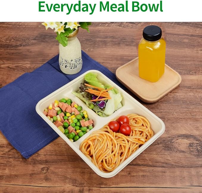 Bloomoom 100 Pack 3 Compartment Paper Bowls, Deep Disposable Lunch Trays with 3 Compartment, Microwavable for Food Services at Party, Church, Food Court