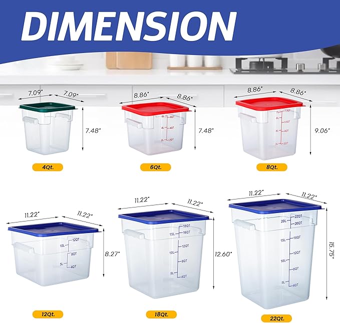 12Qt Food Storage Containers with Lids, Polycarbonate Square Commercial Food Containers, NSF, Clear, 4 Pack