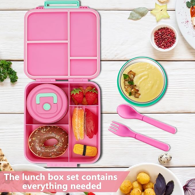 Bento Lunch Box for Kids with 8.5oz Soup Thermo, Kids Leakproof Lunch Food Containers with 4 Compartment, Pink Nylon Insulated Lunch Bag Adjustable Strap for Girl Teens School Travel Picnic