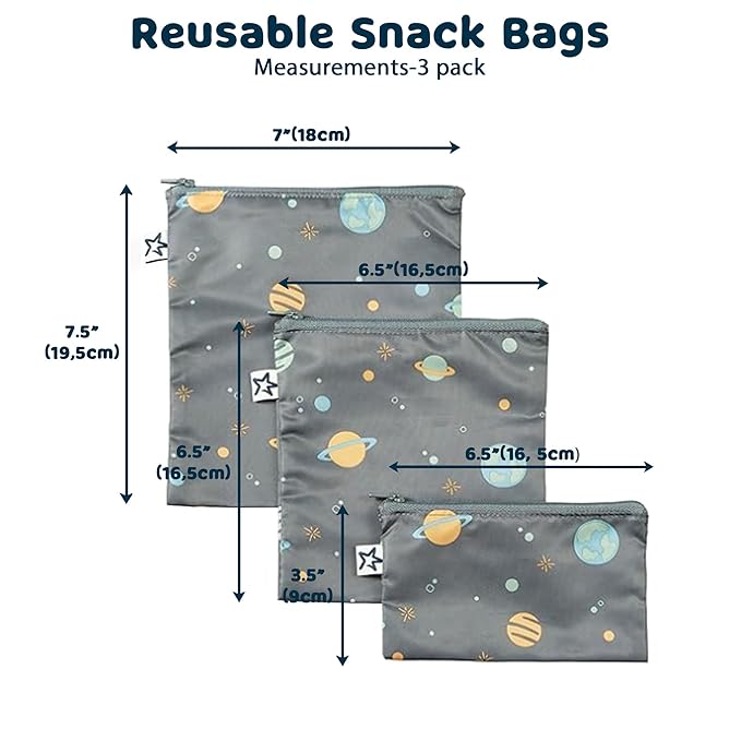 Tiny Twinkle 3 Pack Reusable Snack Bags - Machine Washable, PFAS, PVC, BPA, Phthalate-Free Reusable Baby and Toddler Food Safe Snack Bags (Space)