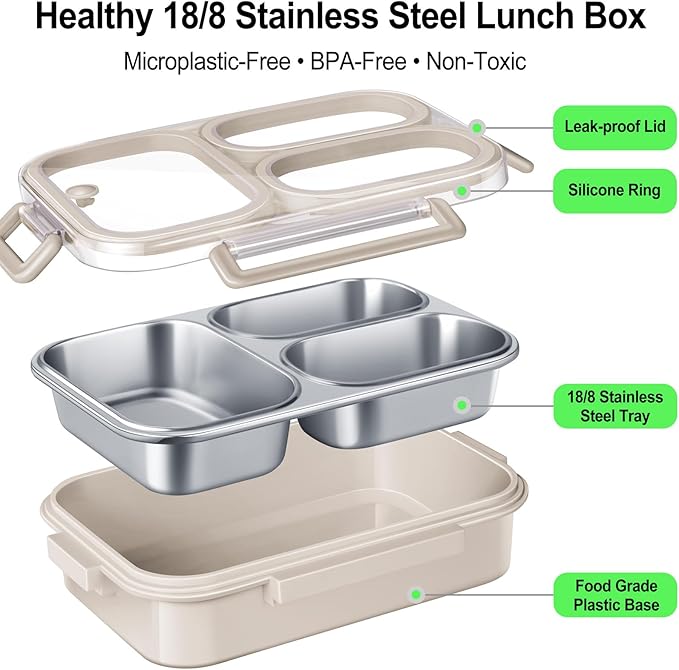 Stainless Steel Lunch Box for Kids & Adults - 25 oz - Leakproof 3 Compartment Metal Lunch Container - 18/8 Stainless Steel Bento Box - Ideal for School, Office & Outdoor - Dishwasher Safe (Cream)