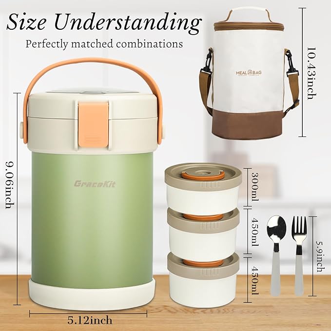 Thermo for Hot Food 3-Layer Termos Para Comida Caliente 67oz Leakproof Lunch Box for Men Women Adults - Insulated Soup Container w/Cutlery, Collapsible Cup & Thermal Bag, Office Camping Travel